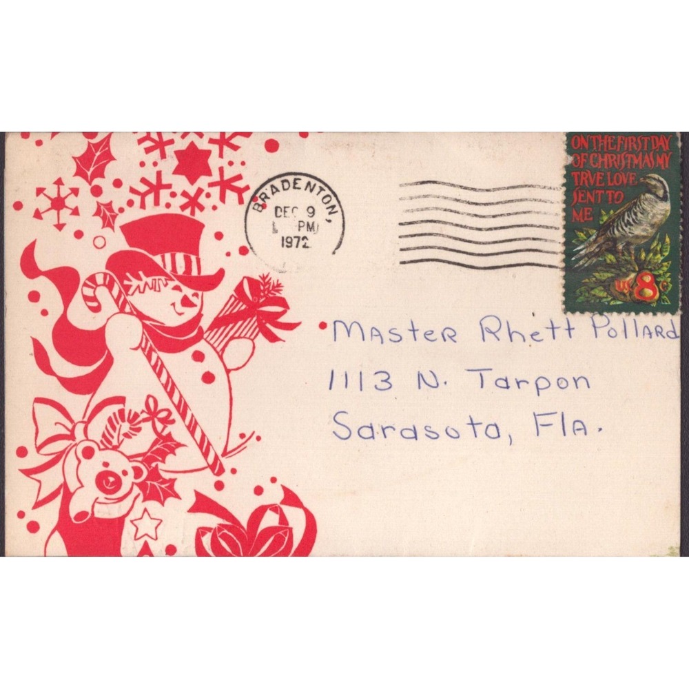 Vintage 1972 Christmas Card Snowman Puppy Sarasota Florida Postmarked 8c Stamp